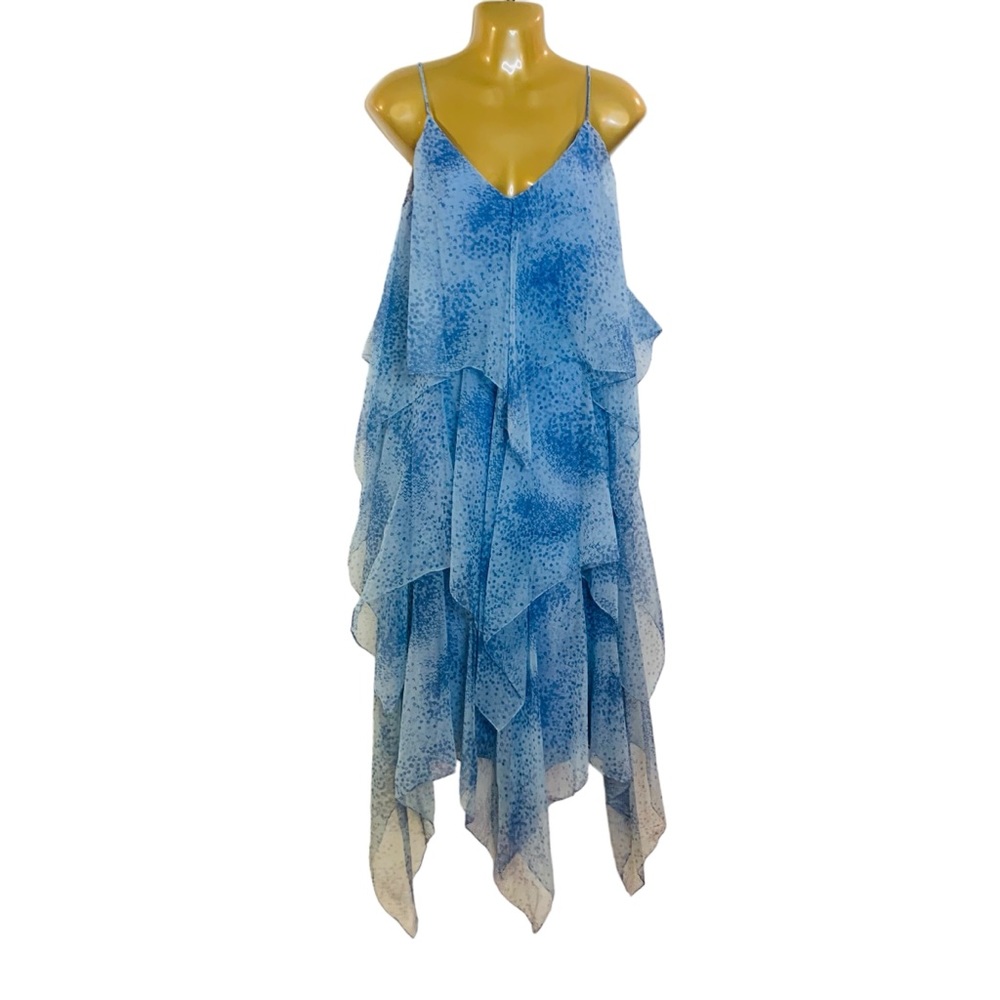 Vintage 80s Victor Costa Luxury chiffon blue scarf asymmetrical dress S